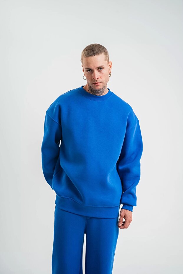 Uzun Kol Bisiklet Yaka Basic SweatShirt - Mavi - 2