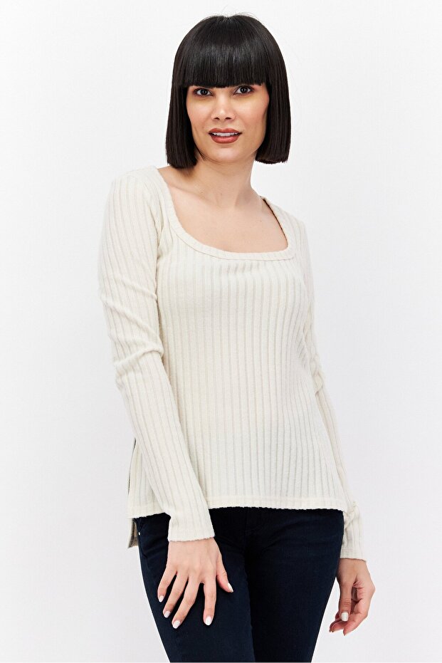 Women Square Neck Long Sleeves Textured Top, Cream
