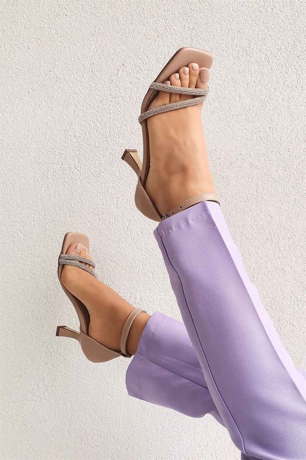 Octavia Open Front and Closed Back Jewelled Heeled Leather Shoes Nude
