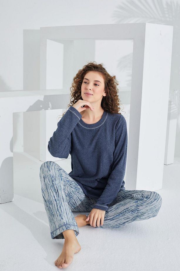 %100 Pamuk Deve Tüyü Kumaş Uzun Kol  Kadın Pijama Takımı 98404 - 3