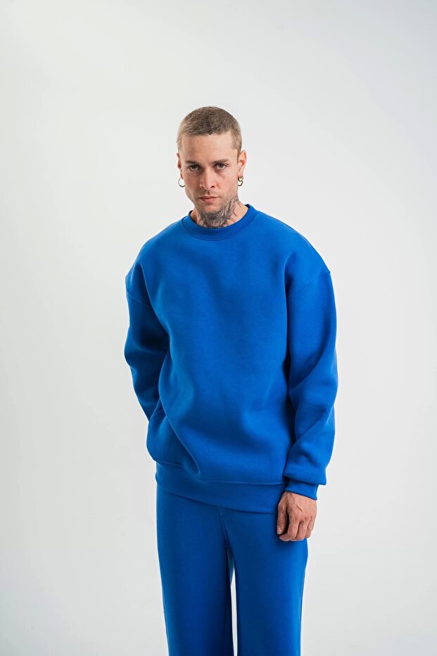 Uzun Kol Bisiklet Yaka Basic SweatShirt - Mavi - 1
