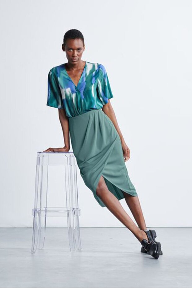 Women Side Pleated Wrap Skirt, Sage Green
