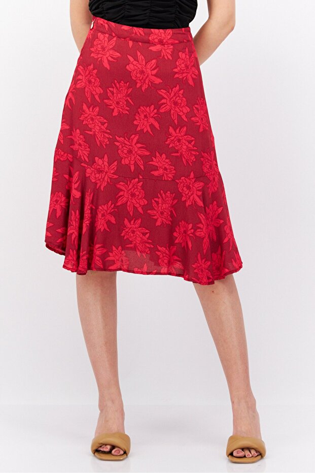 Women Floral Print Mini Skirt, Red