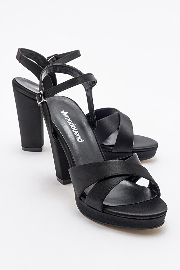 Women's Cross Strap Heeled Shoes BLACK SATIN