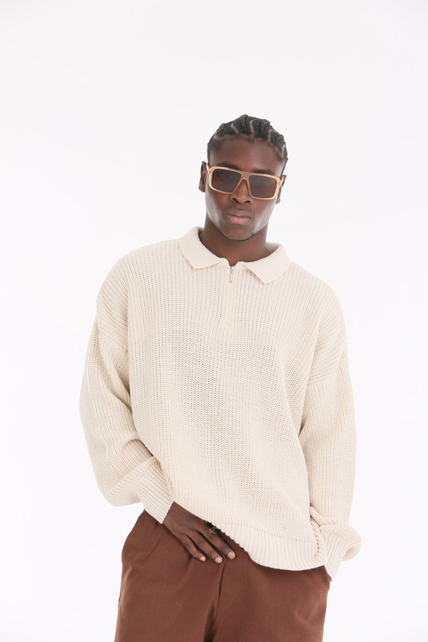 Zippered Polo Collar Knitted Knitwear Ribbed Ecru Oversize Men's Sweater