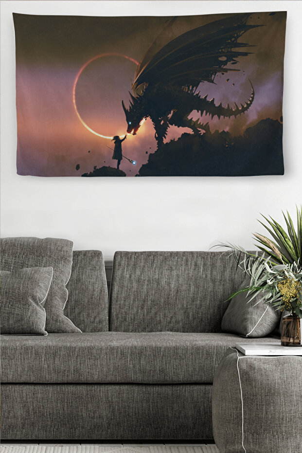 Wall Cloth Girl Extending Hand to Dragon Quality Canvas Wall Tapestry-4033