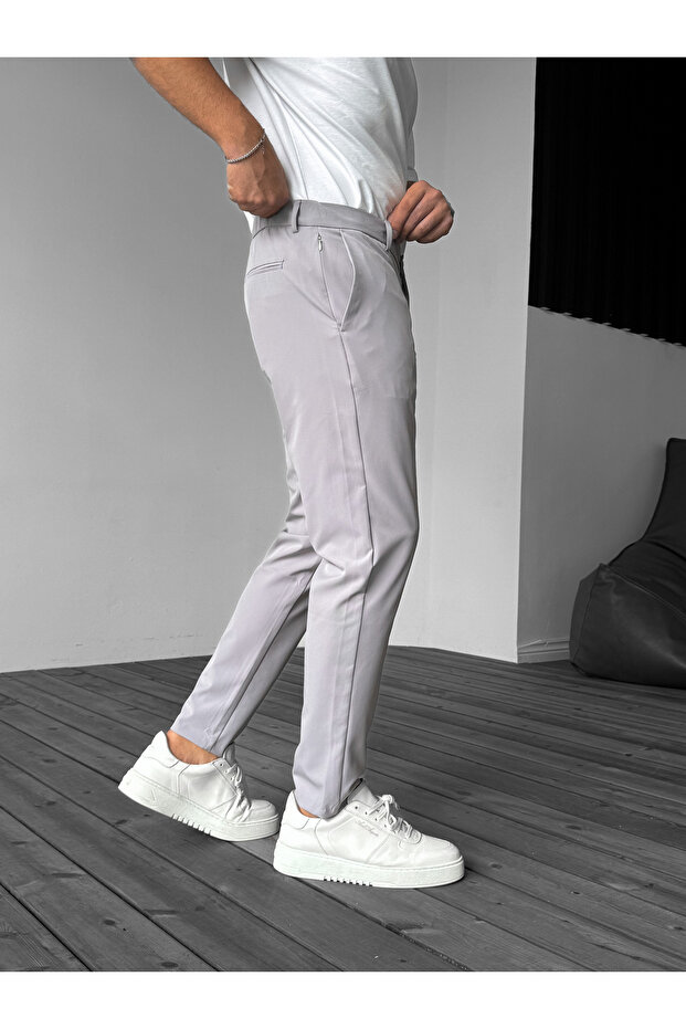 Gray Relaxed Cut Basic Trousers Yp-4061 - 3