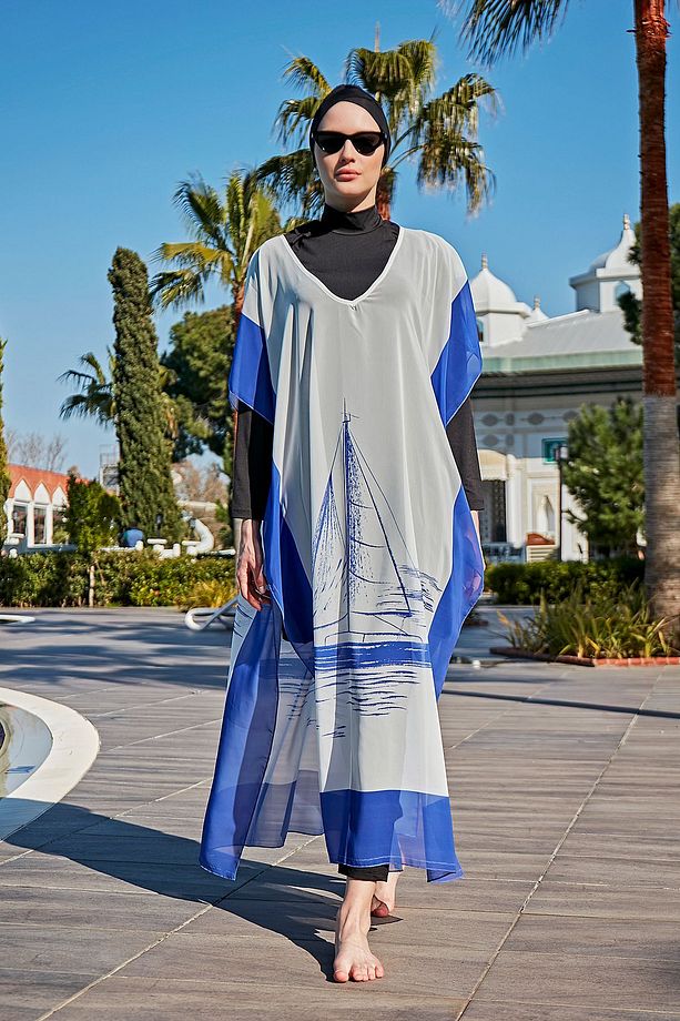 Remsa Tesettür Mayo Üzerine Tasarım Tek Kaftan Pareo RDP003 Yelkenli - 6