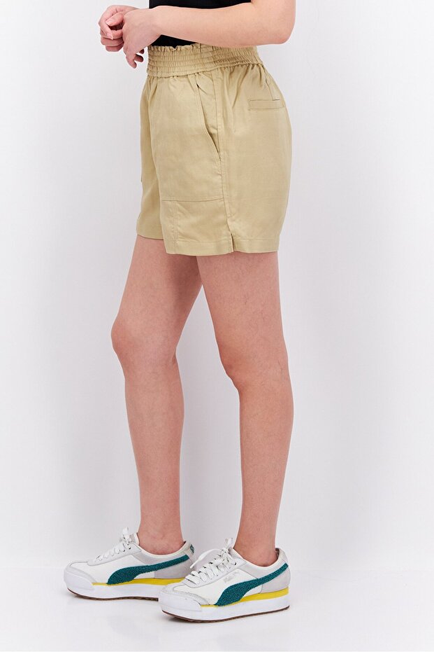 Women Solid Pull On Basic Shorts, Beige - 2