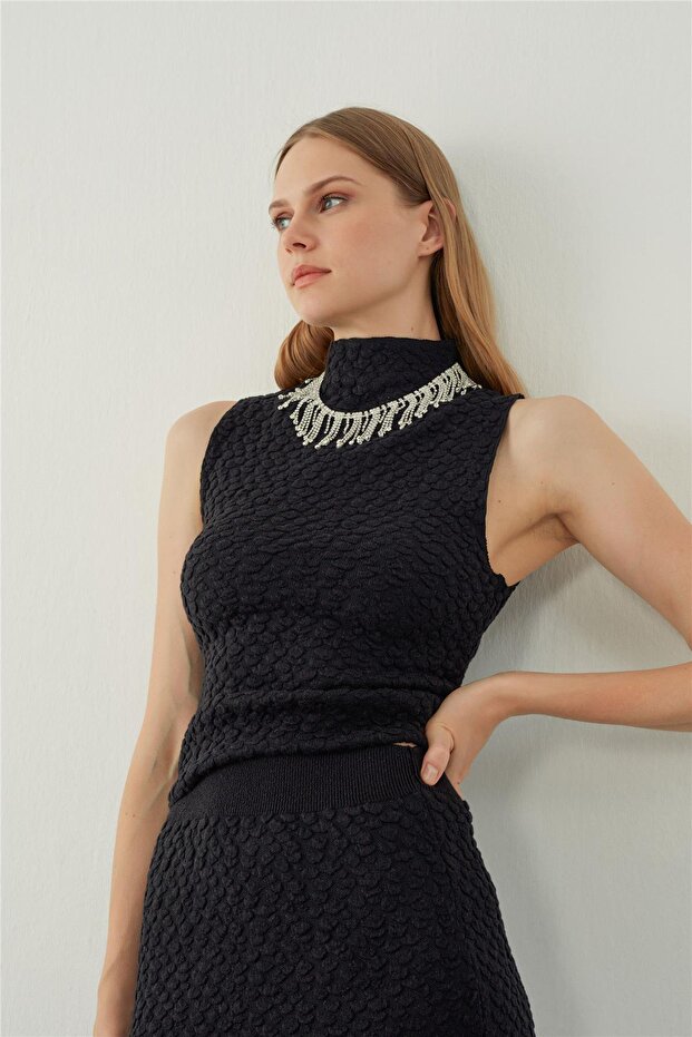 Siyah Dik Yaka Triko Bluz - 1