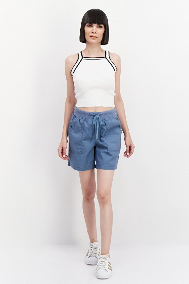 Women Drawstring Plain Basic Shorts, Blue - 2