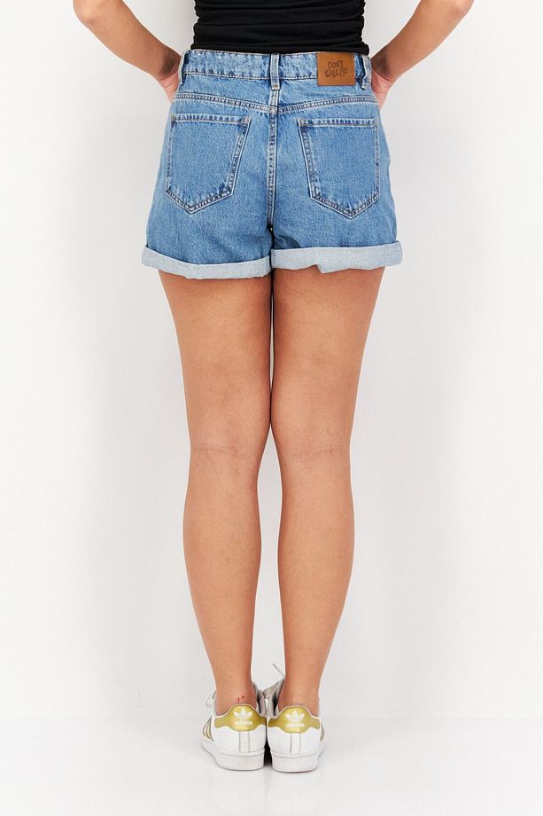 Kadın Mom Fit Yüksek Bel Kot Şort, Mavi - 4