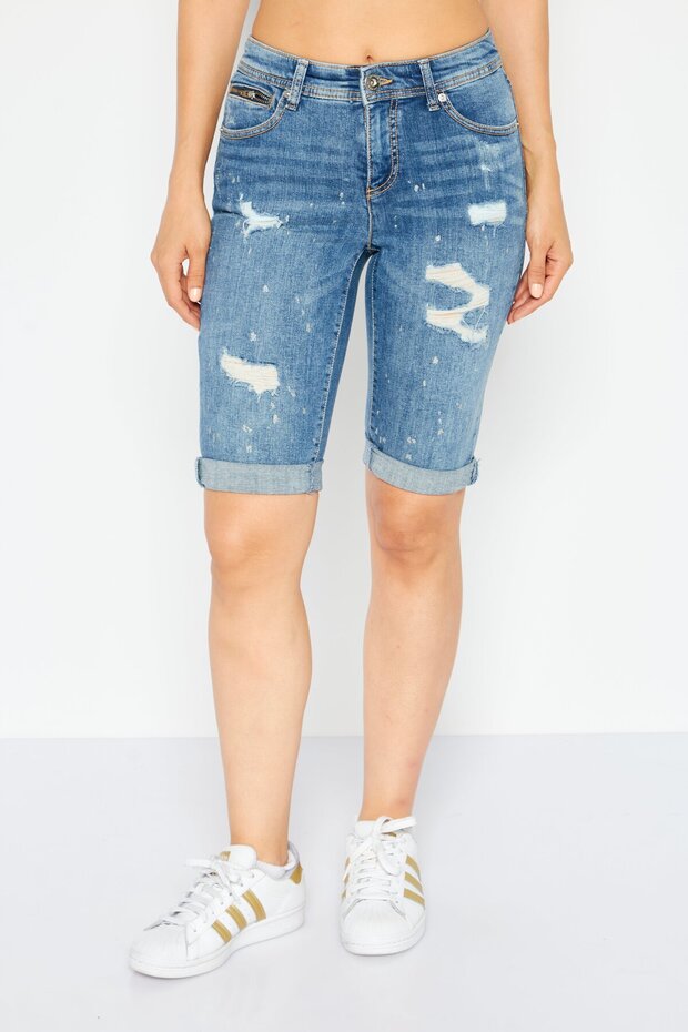 Women Washed Rip Denim Shorts, Blue