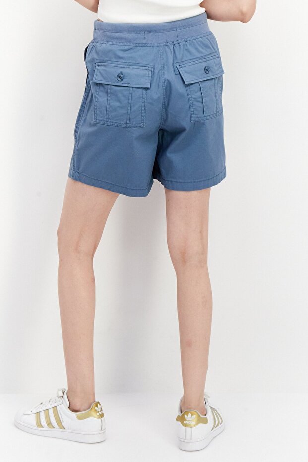 Women Drawstring Plain Basic Shorts, Blue - 3