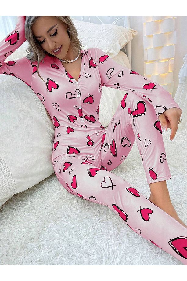 Siyah kalp desenli uzun pijama tulum - 2