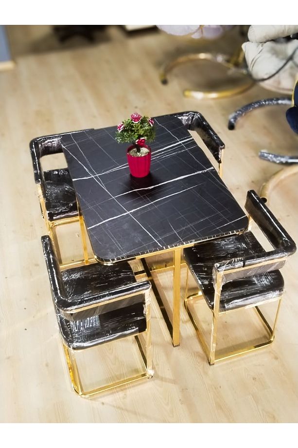 Gold Lego Mutfak Masası - Gizlenebilir Sandalyeli Akıllı Mutfak Yemek Masası 4 Kişilik - 4
