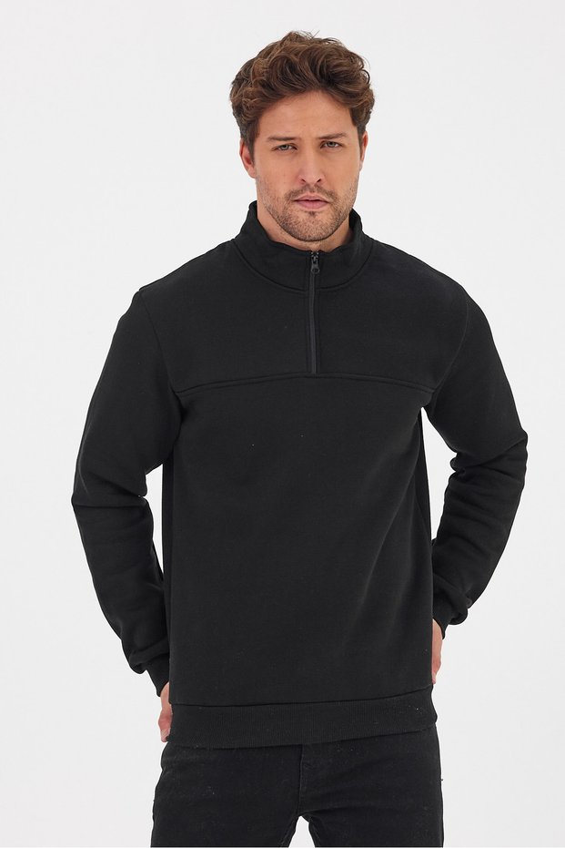 Men's Relaxed Fit Plain Half-Zip 3 Thread Sweatshirt Black