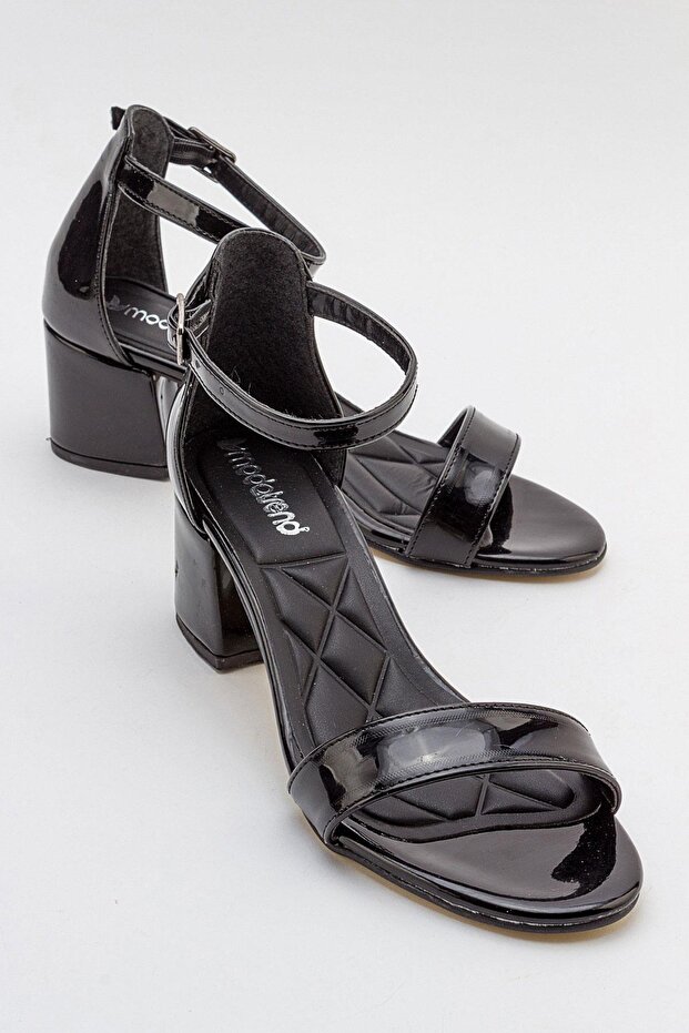 Women's Single Strap Heeled Sandals BLACK Patent Leather