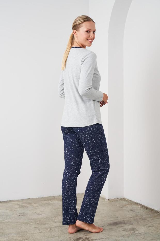 24543 Gri Pamuklu Uzun Kollu Kadın Pijama Takımı - 4