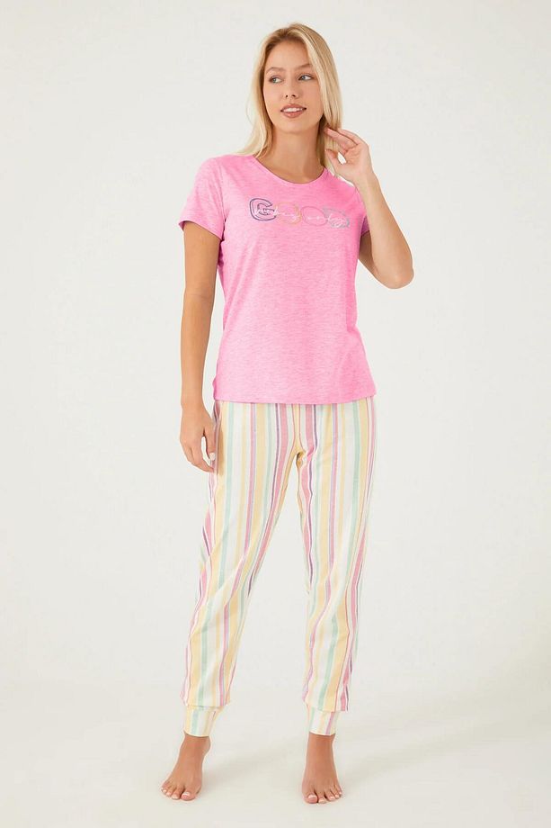 Good Vibes Only Pembe Kadın Kısa Kol Pijama Takım - 3