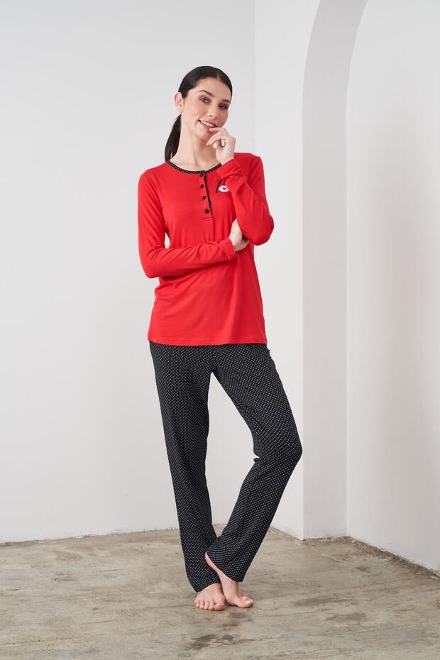 24532 Red Cotton Long Sleeve Women's Pajamas Set