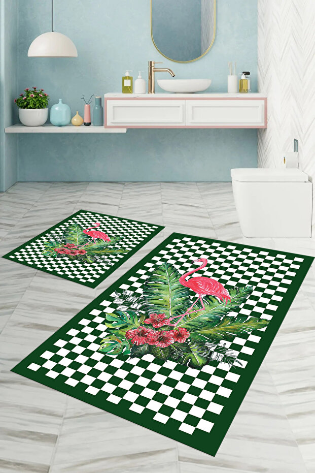 Digital Printed Washable Non-Slip Base Flamingo Patterned Bath Mat Toilet Set