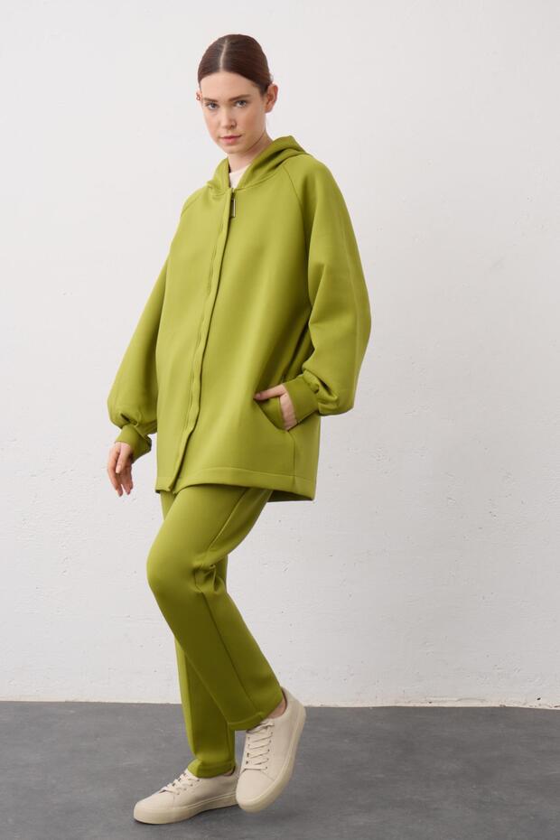 Dark green women's hooded zippered scuba top and bottom set