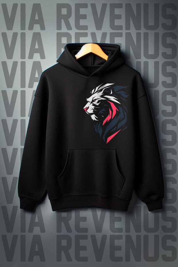 Lion Printed Kangaroo Pocket 3 Thread Raster Wide Fit Black Hooded Sweatshirt