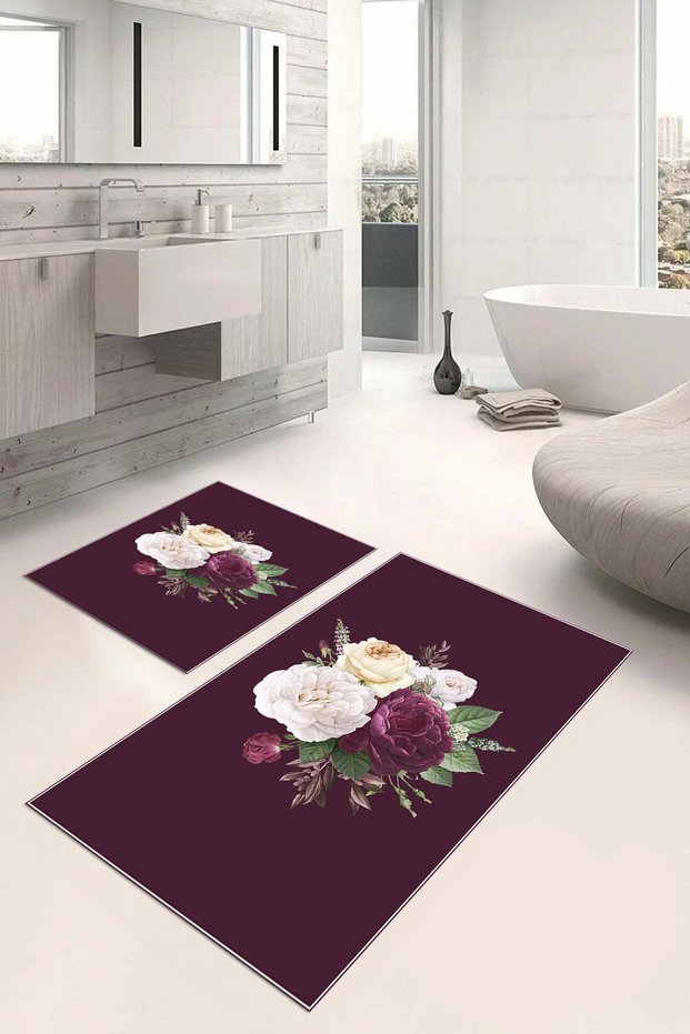 Digital Printed Washable Non-Slip Base Floral Motif Bath Mat Toilet Set