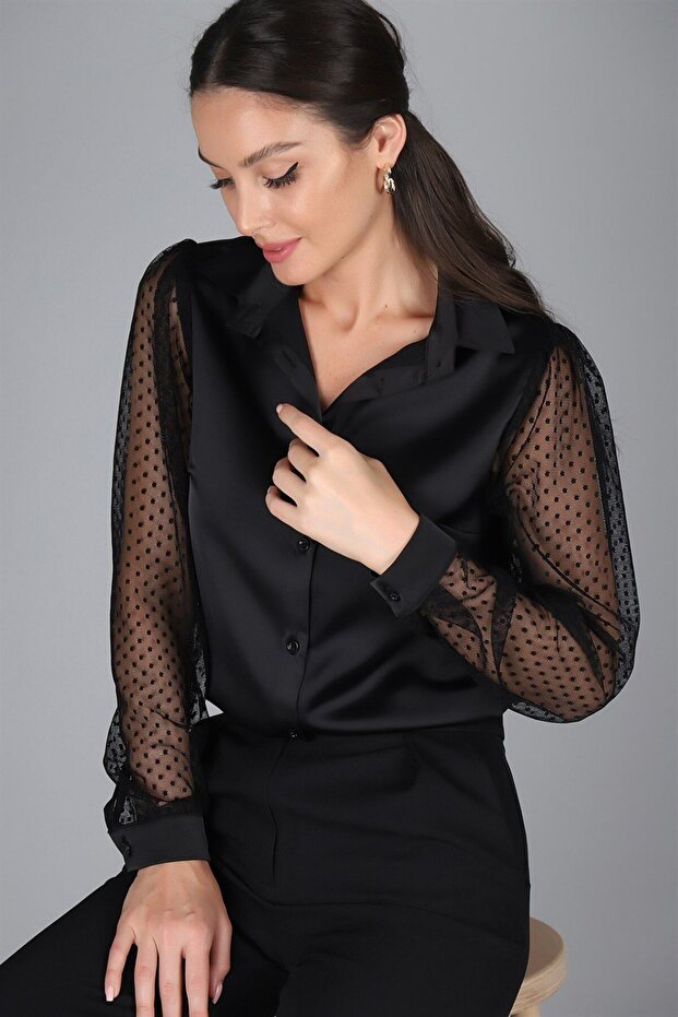 Women's Black Satin Tulle Sleeved Evening Shirt