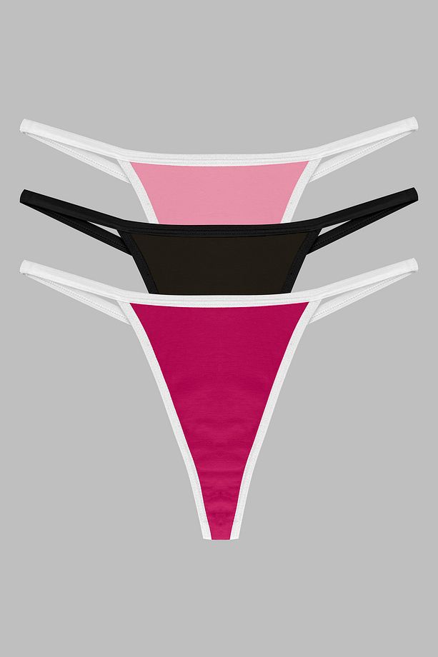 Kadın, Thong String, 3'lü, Pudra, Pembe, Siyah - 1