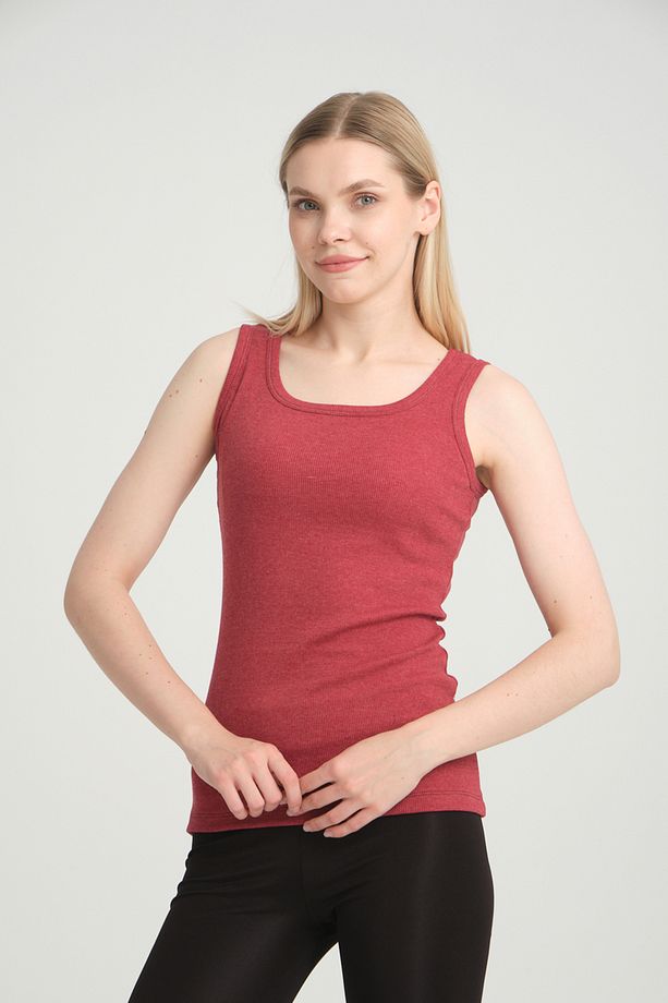 Fitted Vücuda Oturan Fitilli Kalın Askılı Basic Örme Atlet Kırmızı_melanj - 4