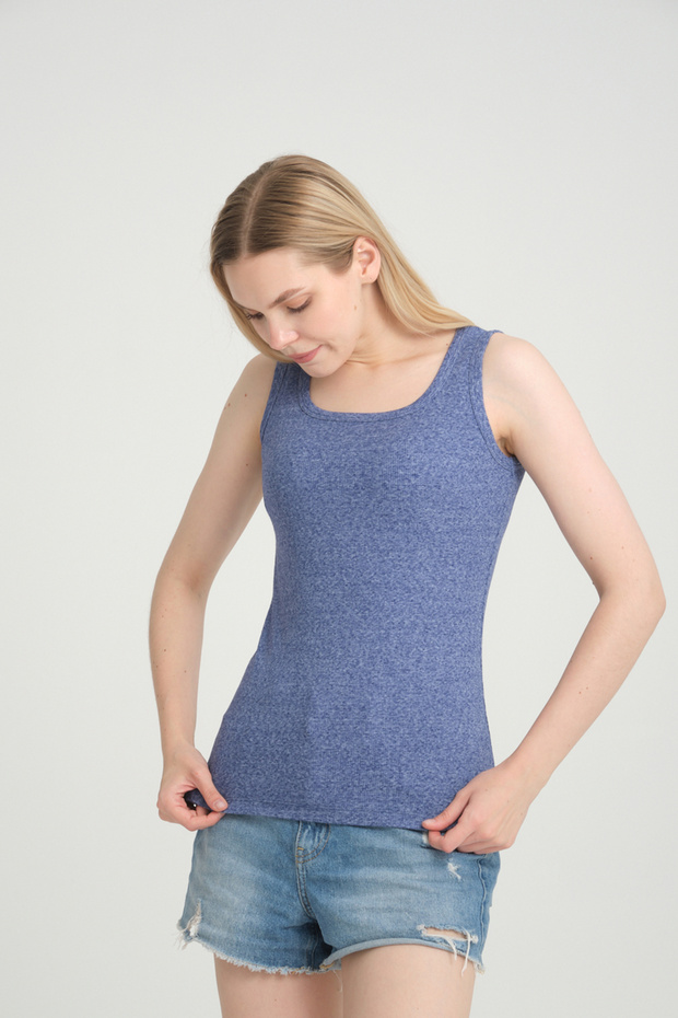 Fitted Vücuda Oturan Fitilli Kalın Askılı Basic Örme Atlet Mavi_melanj - 1