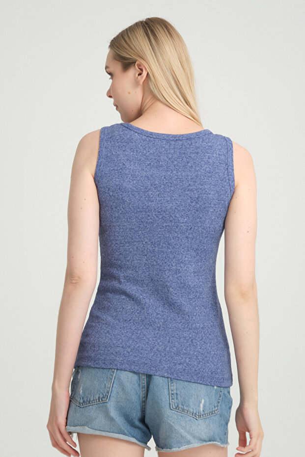 Fitted Vücuda Oturan Fitilli Kalın Askılı Basic Örme Atlet Mavi_melanj - 3