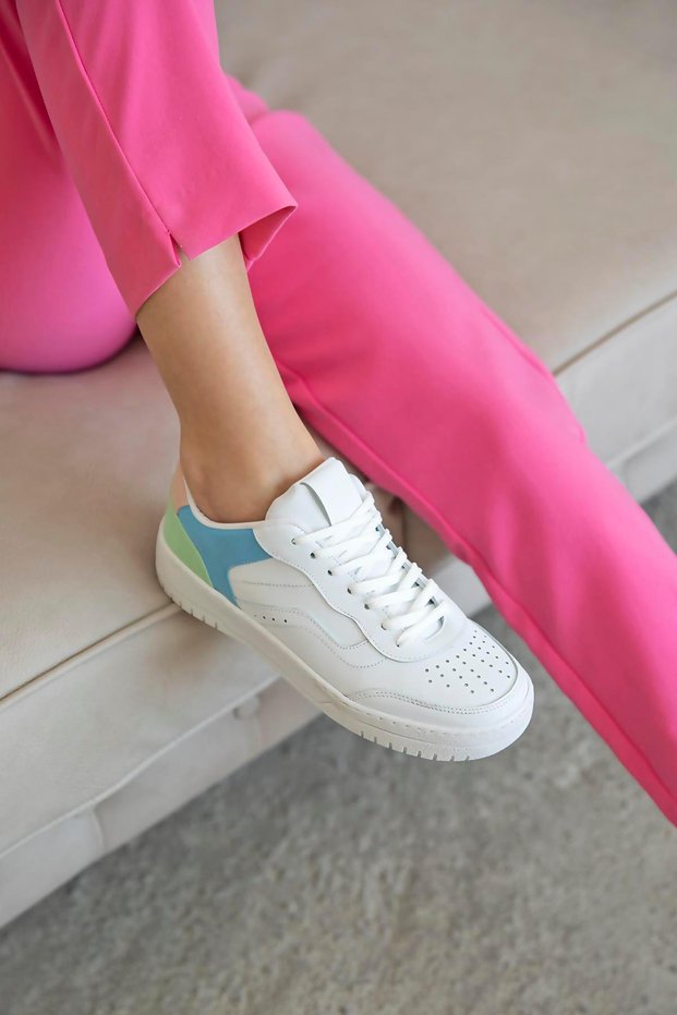 Wantt Women's Leather Sports Shoes White-Blue-Green