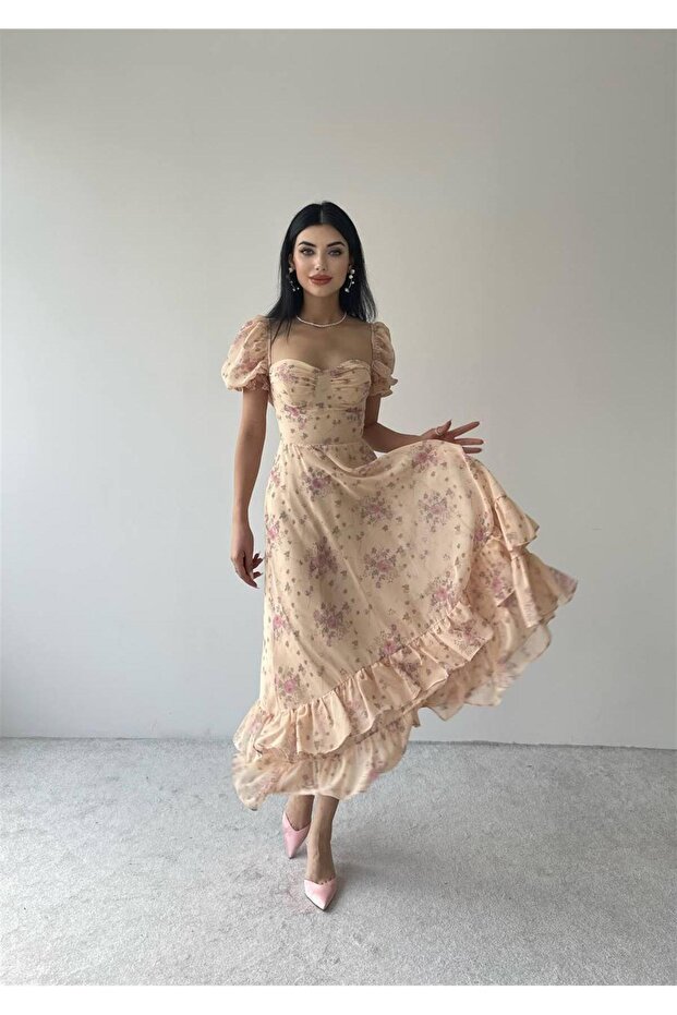 Candy Şifon Elbise Pudra - 3