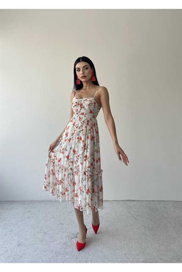 Aden Şifon Midi Askılı Elbise - Pembe - 3