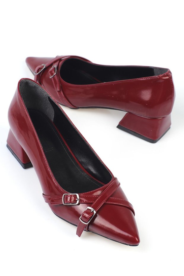 Laura Women's Stiletto Thick Heeled Cross-Strapped Buckle Shoes Burgundy Patent Leather
