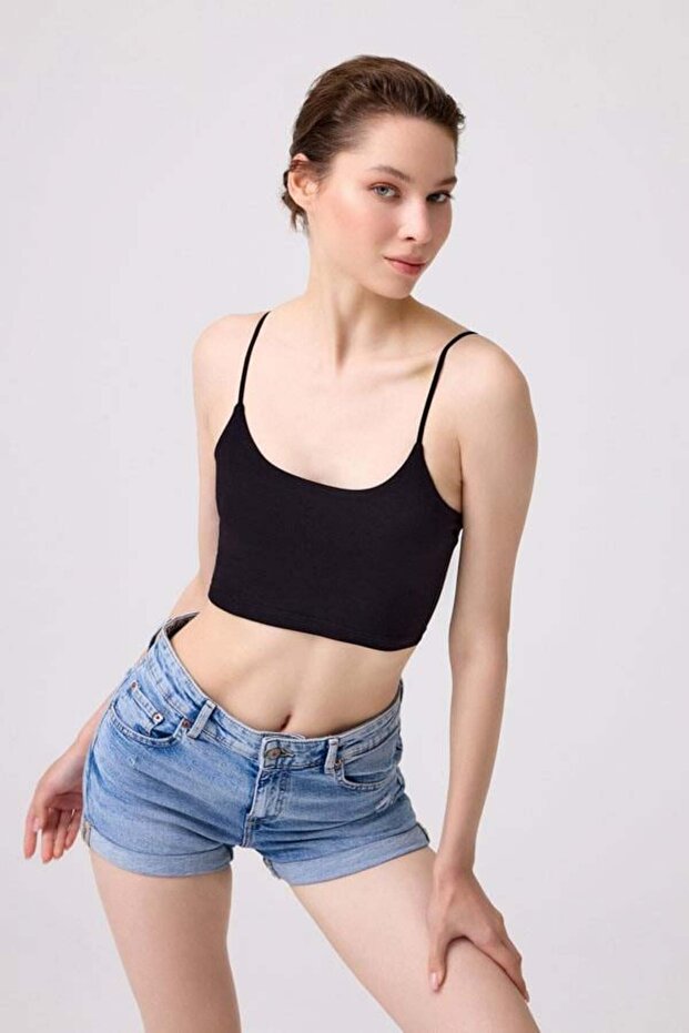 Black Cotton Fine Straps Women's Crop Top Bustier