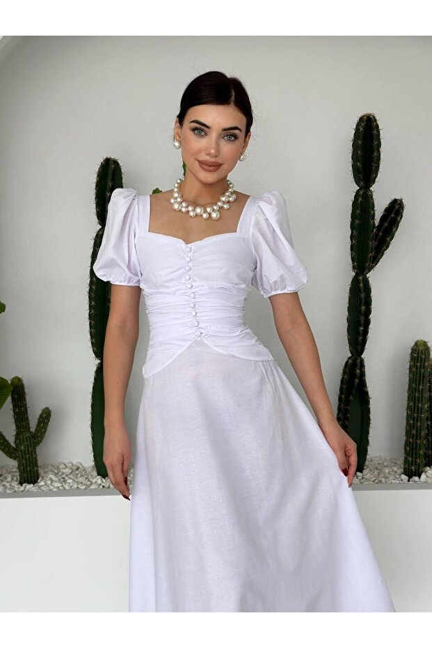 Poplin Düğmeli Midi Boy Elbise - 7