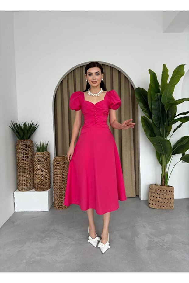 Poplin Düğmeli Midi Boy Elbise - 4