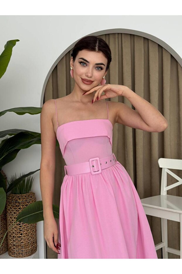 Poplin Kemerli Askılı Elbise - 4