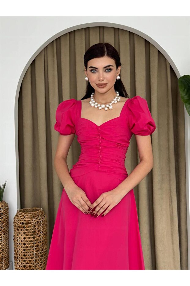 Poplin Düğmeli Midi Boy Elbise - 5