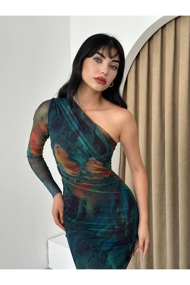 Zümrüt Tek Kol Stres Uzun Elbise - 3