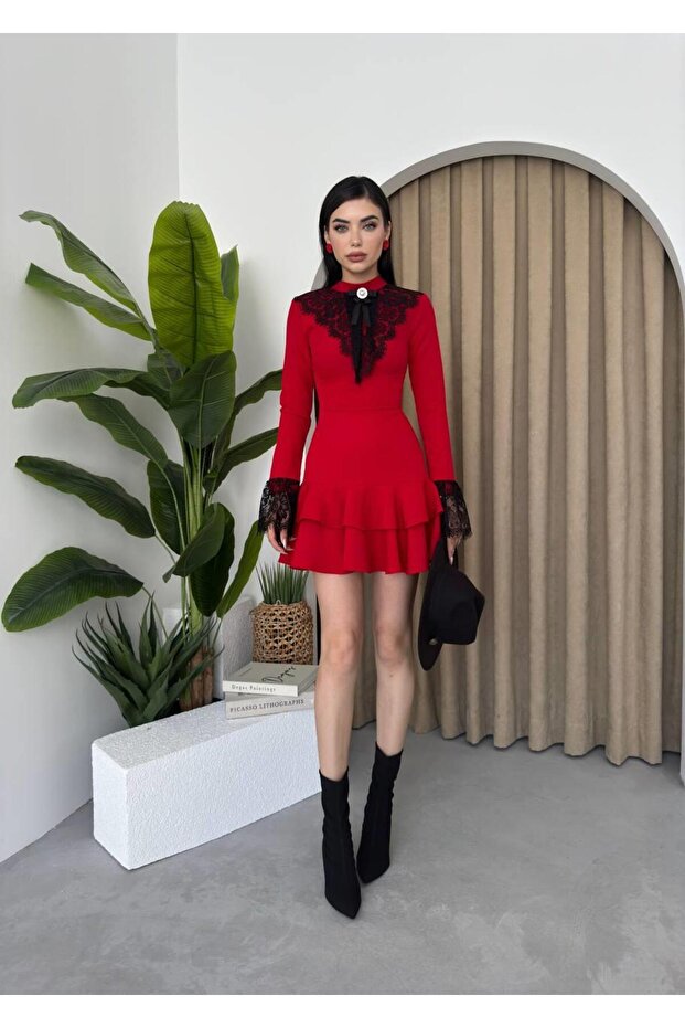 Broş Dantel Selin Mini Elbise - 1
