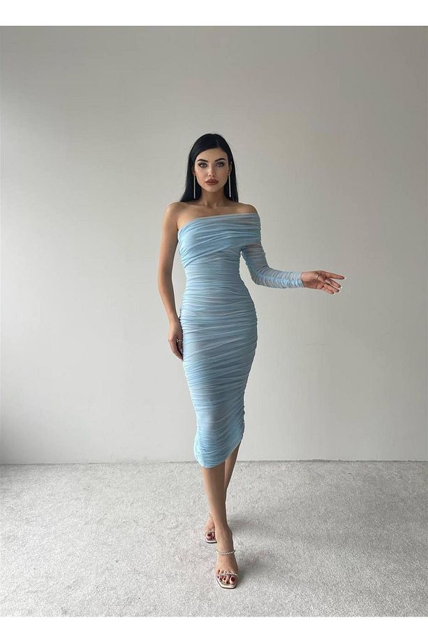 Tek Kol Tül Midi Boy Elbise - 6682 - Bebe Mavi - 2