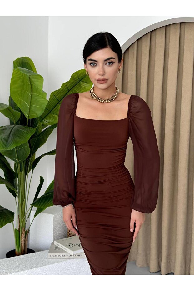 Sildane Drapeli Tül Kol Elbise - 6