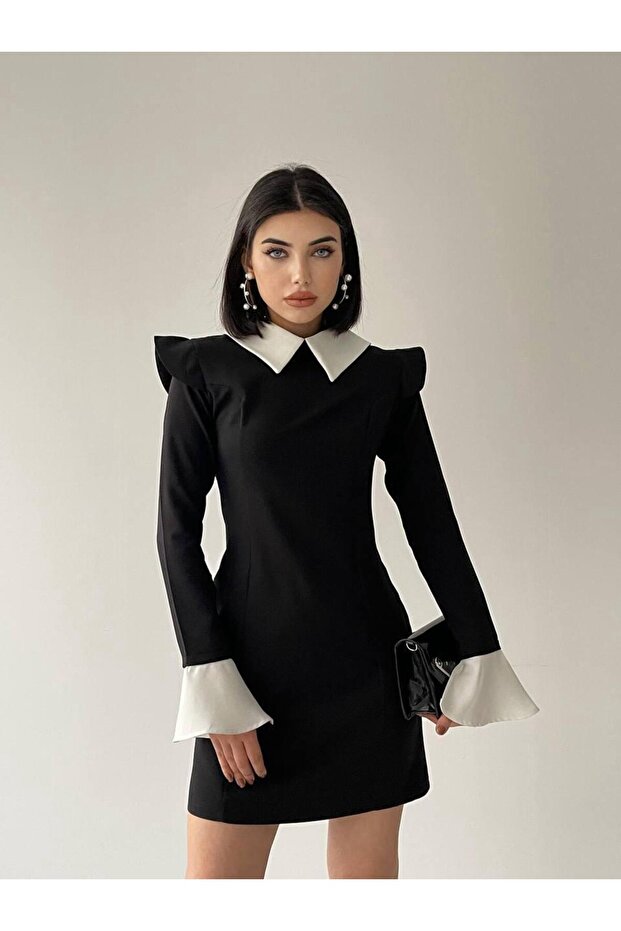 Rochie neagră mini Aysira cu guler ascuțit căptușit - 3