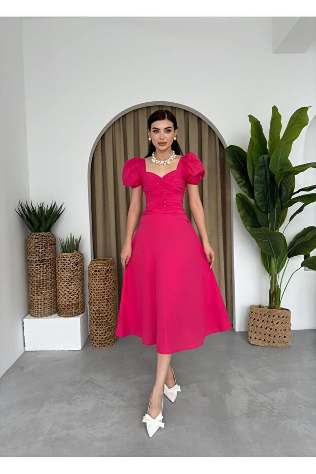 Poplin Düğmeli Midi Boy Elbise - 1