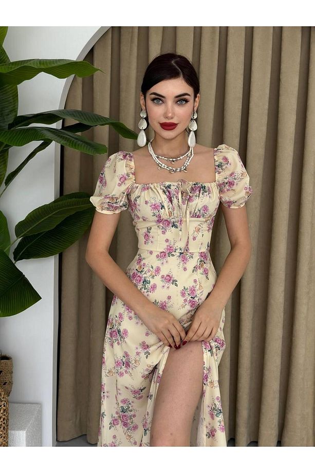 Yazgülü Yırtmaçlı Sarı Çiçekli Elbise - 4